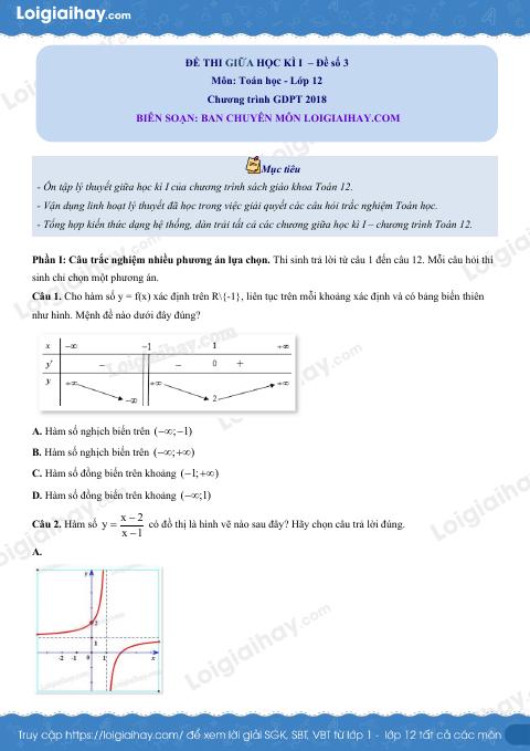 Đề thi giữa kì 1 Toán 12 - Đề số 3